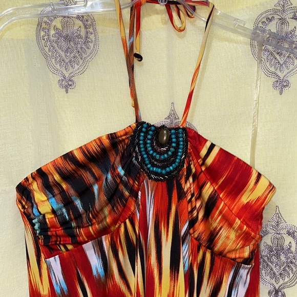 BEADED WESTERN DECOR HALTER DRESS SZ L REAR ELASTIC BACKLESS - Picture 2 of 16